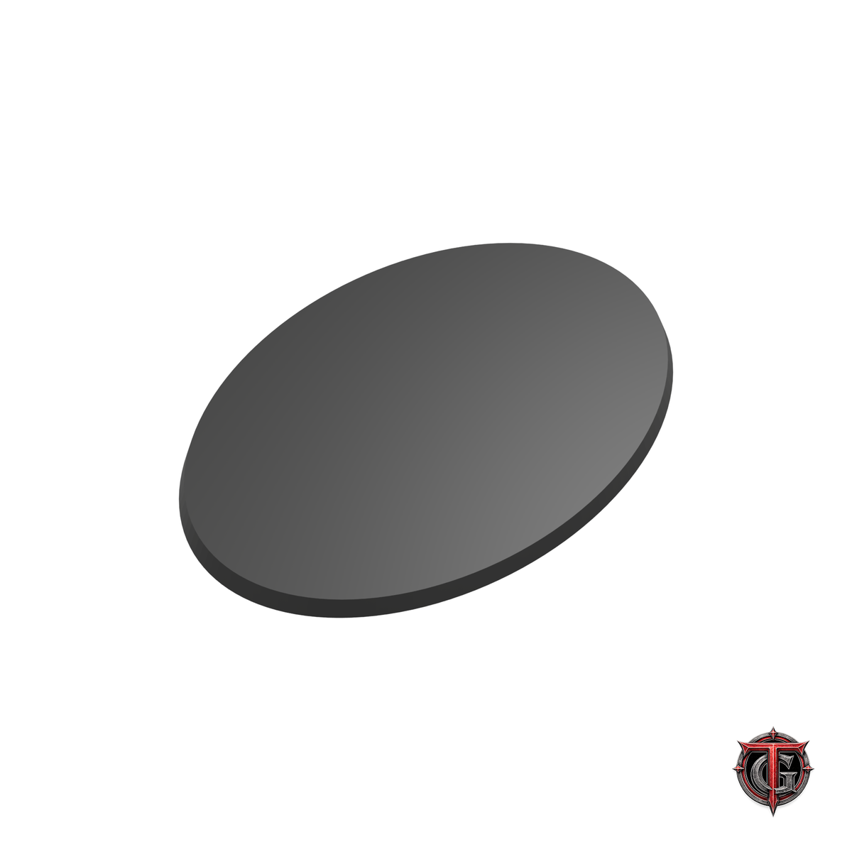 105 × 70 mm black beveled oval base, solid top facing up, with Terrain Genesis logo.