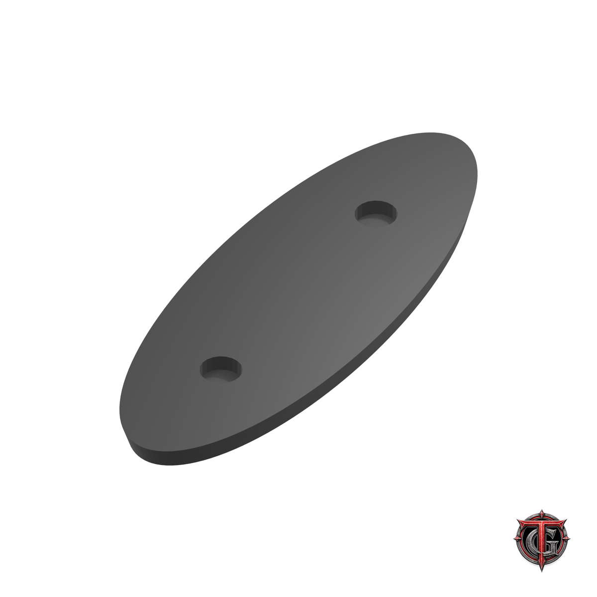 70 × 25 mm black beveled oval base, underside showing distributed magnet recesses, with Terrain Genesis logo.