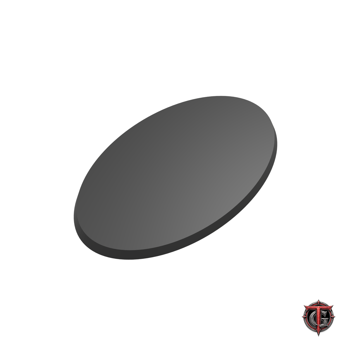 90 × 52 mm black beveled oval base, solid top facing up, with Terrain Genesis logo.