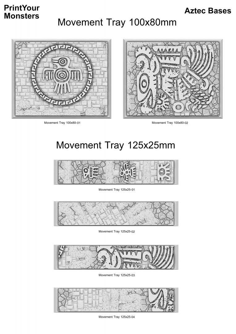 3D printed Aztec square movement trays in 100x80mm and 125x20mm, with stepped stonework and glyph borders
