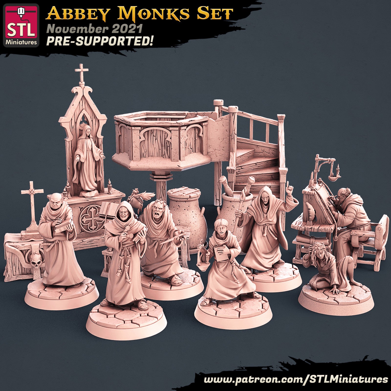 Abbey Monks Set 3D printed 28mm miniature terrain