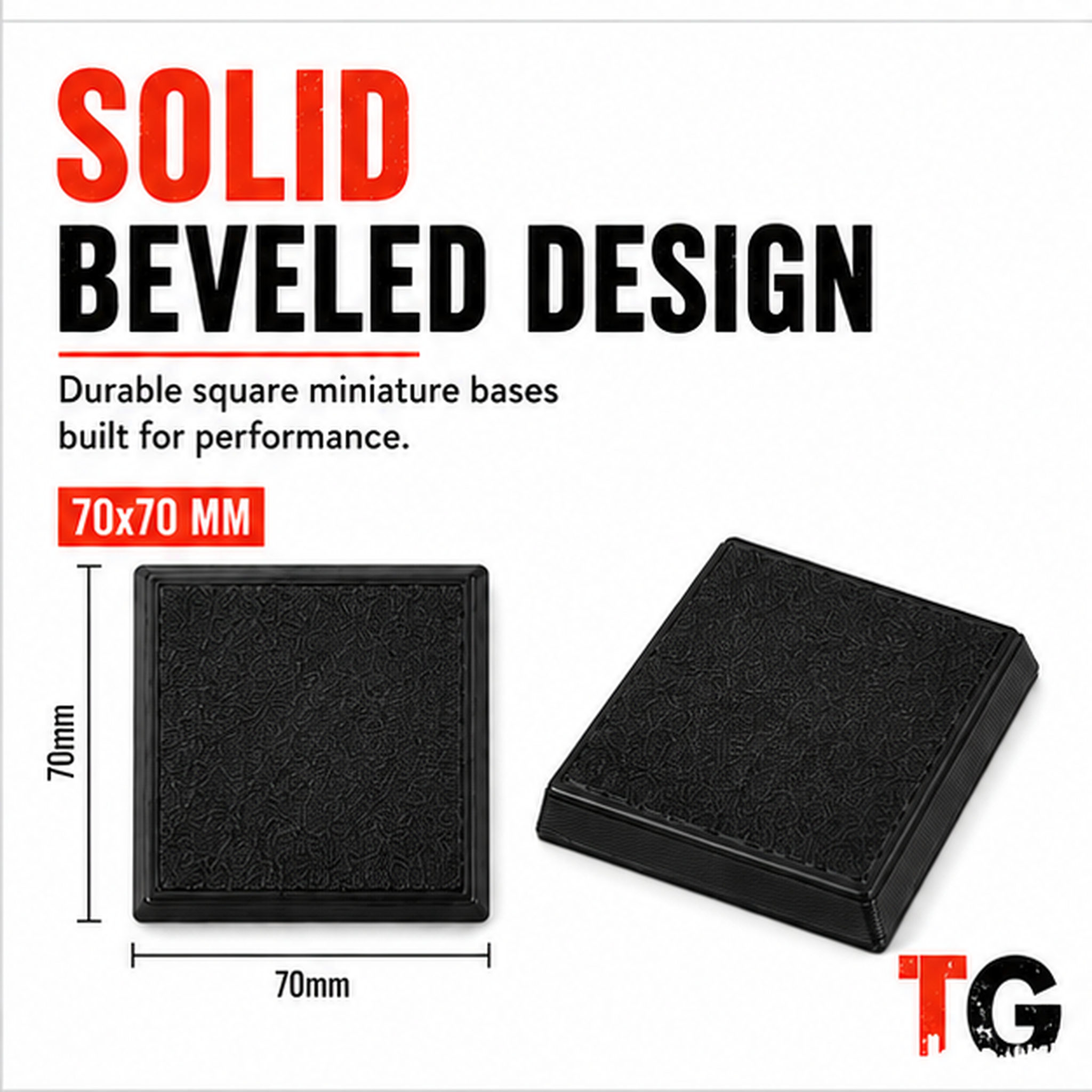 Close-up of a 70mm beveled square base showing its solid 4mm-thick construction