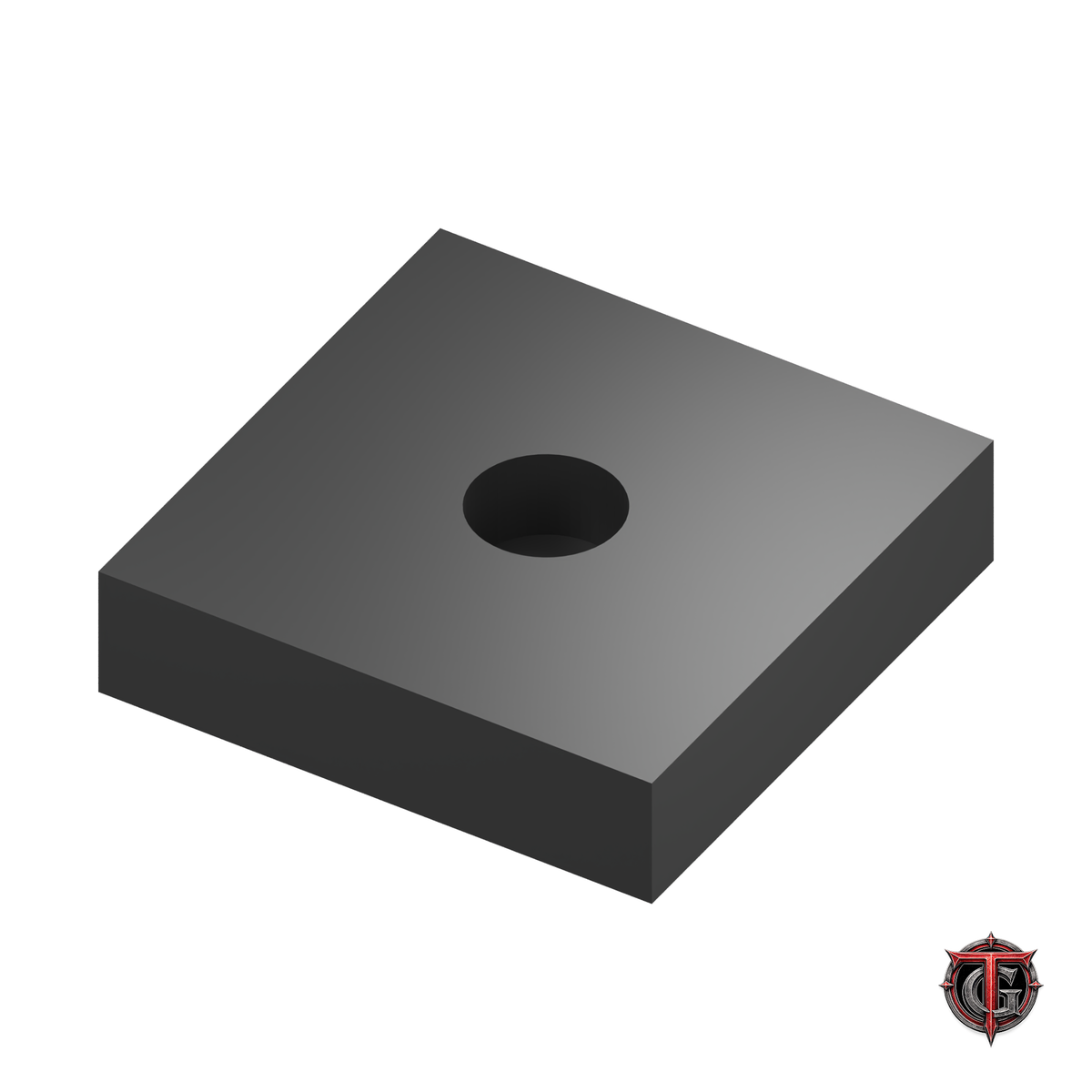 0.5-inch black square miniature base showing the magnet recess, on white with Terrain Genesis logo.