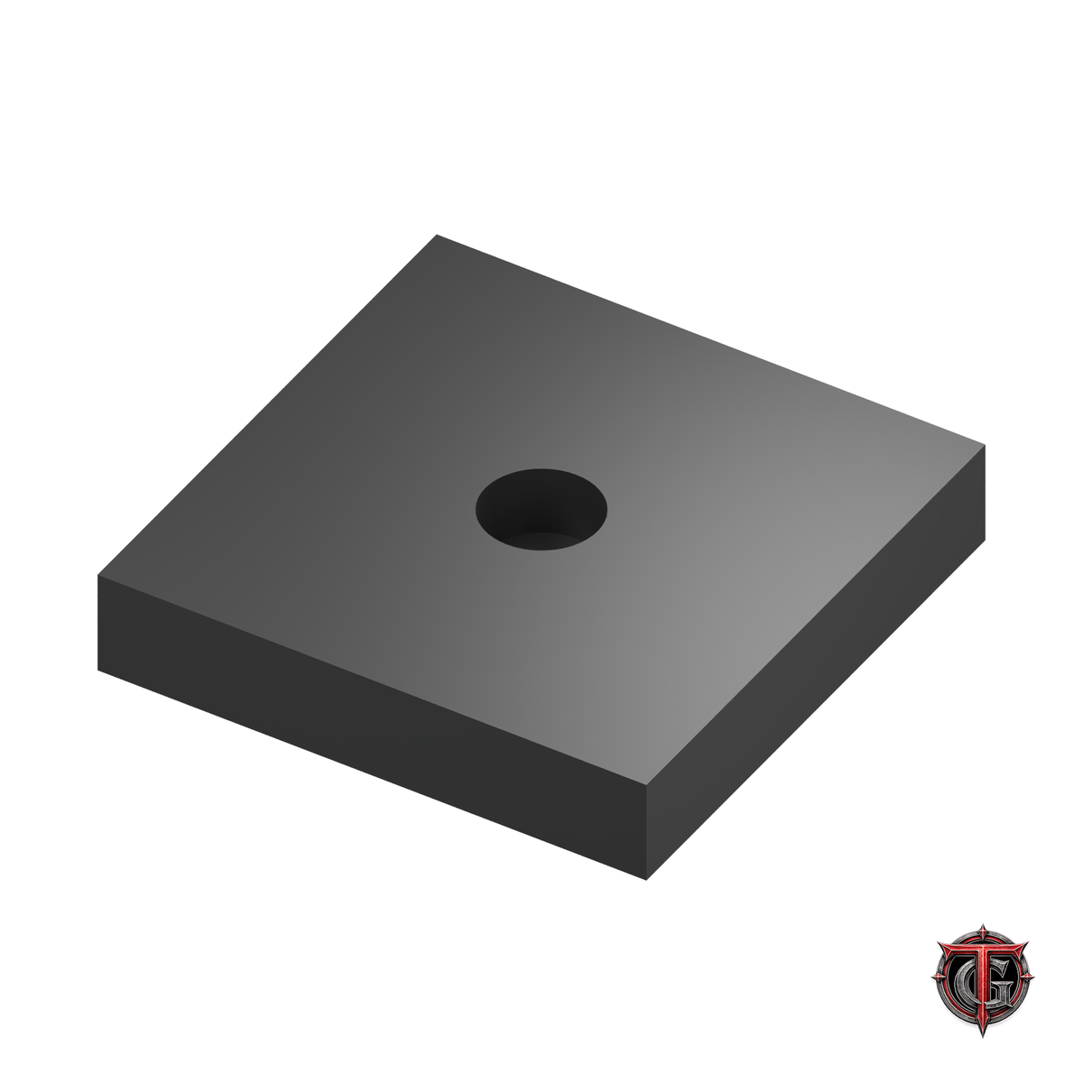 0.625-inch black square miniature base, underside showing magnet recesses, on white with Terrain Genesis logo.