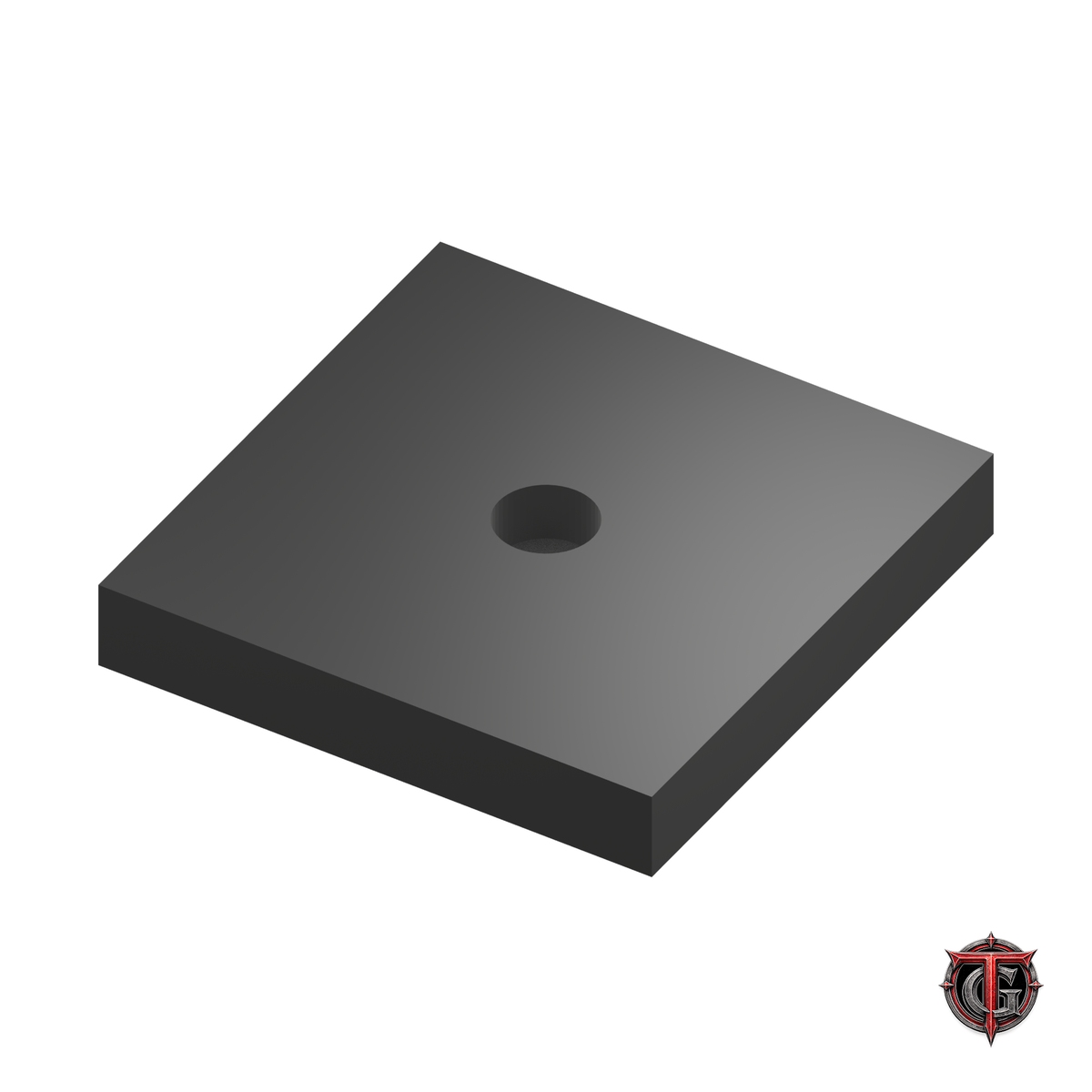 0.75-inch black square miniature base, underside showing magnet recesses, on white with Terrain Genesis logo.