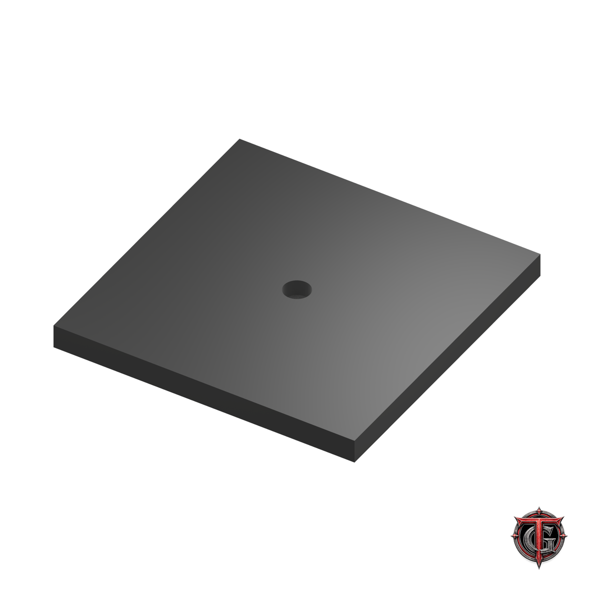 1.5-inch black square miniature base, underside showing magnet recesses, on white with Terrain Genesis logo.
