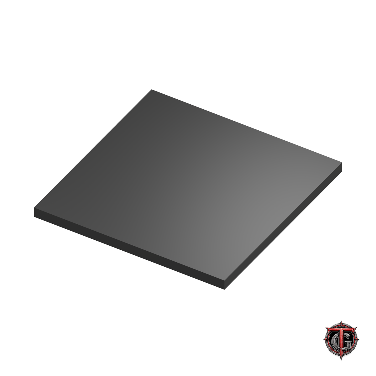 2.25-inch black square miniature base, solid top facing up, on white with Terrain Genesis logo.