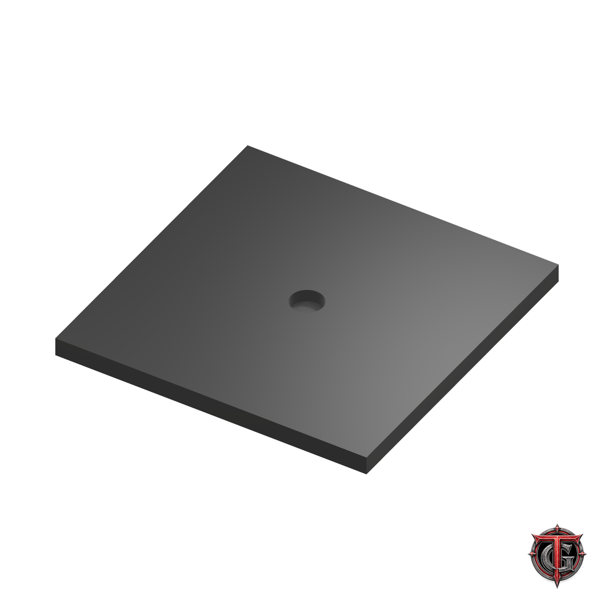 2-inch black square miniature base, underside showing magnet recesses, on white with Terrain Genesis logo.