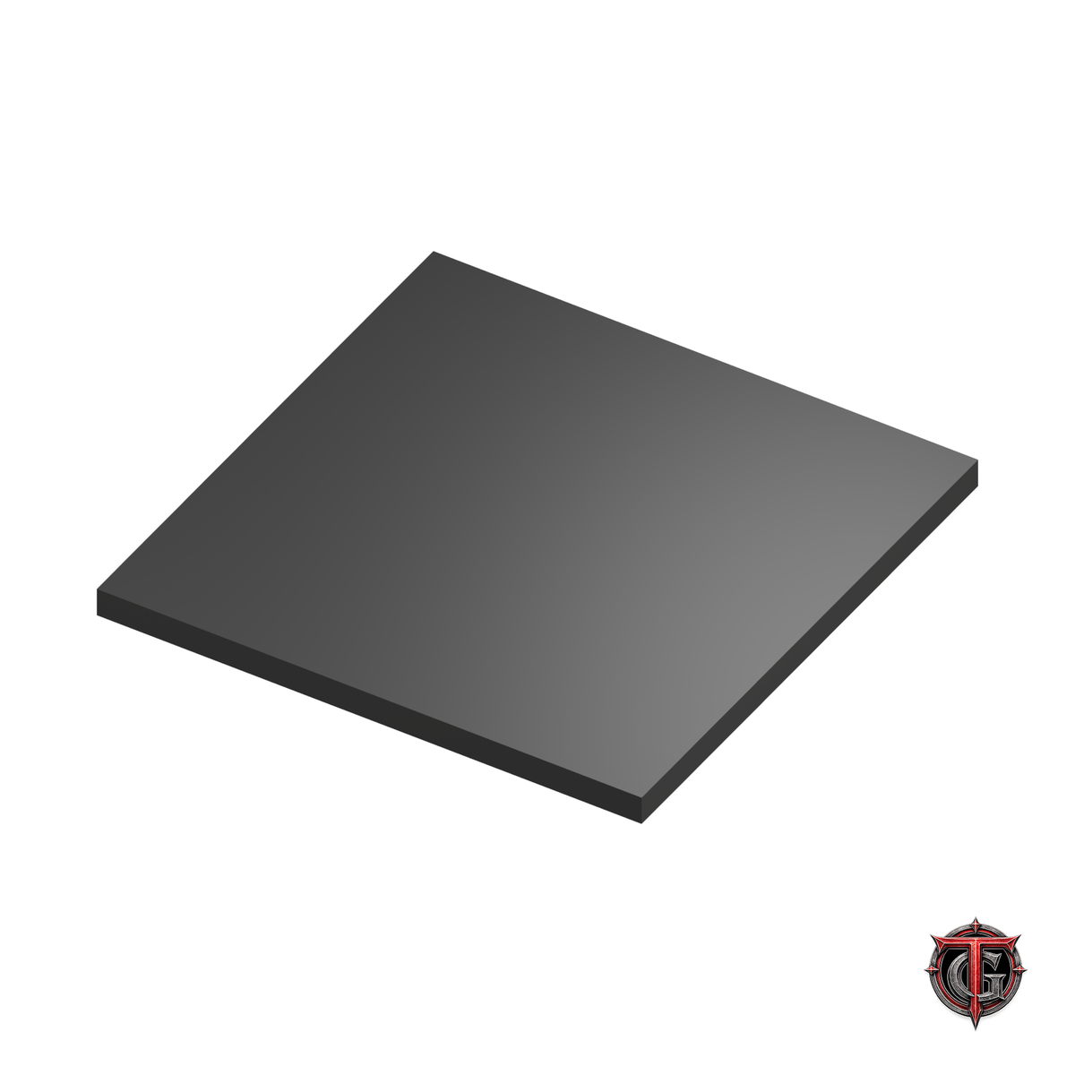3-inch black square miniature base, solid top facing up, on white with Terrain Genesis logo.