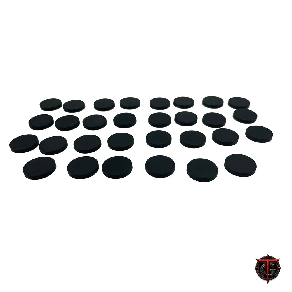 30 pack of 0.75 inch black circular RPG miniature bases laid out in rows