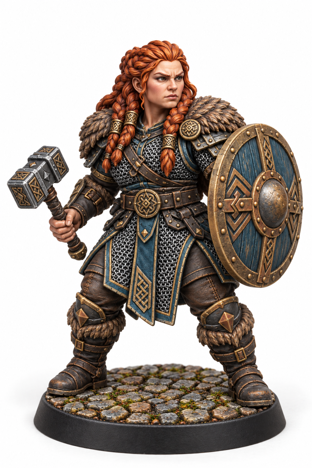 Brynja Ironbraid - Female Dwarven Shieldmaiden painted presentation; supplied unpainted.