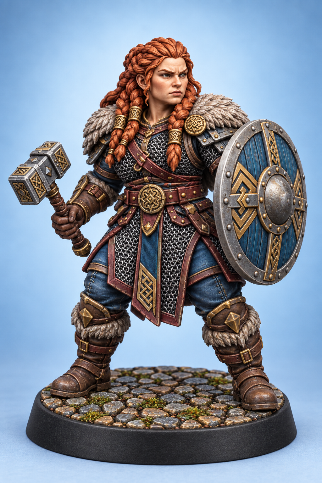 Brynja Ironbraid - Female Dwarven Shieldmaiden painted presentation; supplied unpainted.