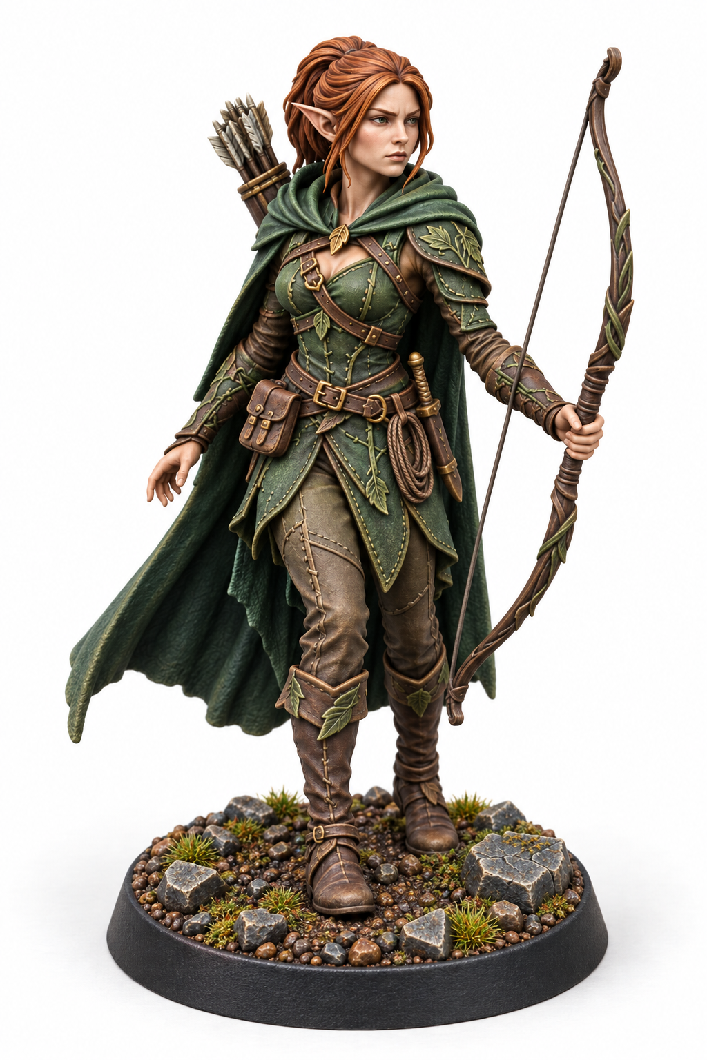 Elyndra Thornbow — Female Elven Ranger painted presentation; supplied unpainted.