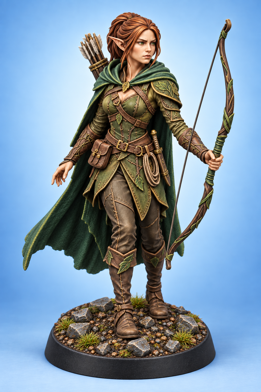 Elyndra Thornbow — Female Elven Ranger painted presentation; supplied unpainted.