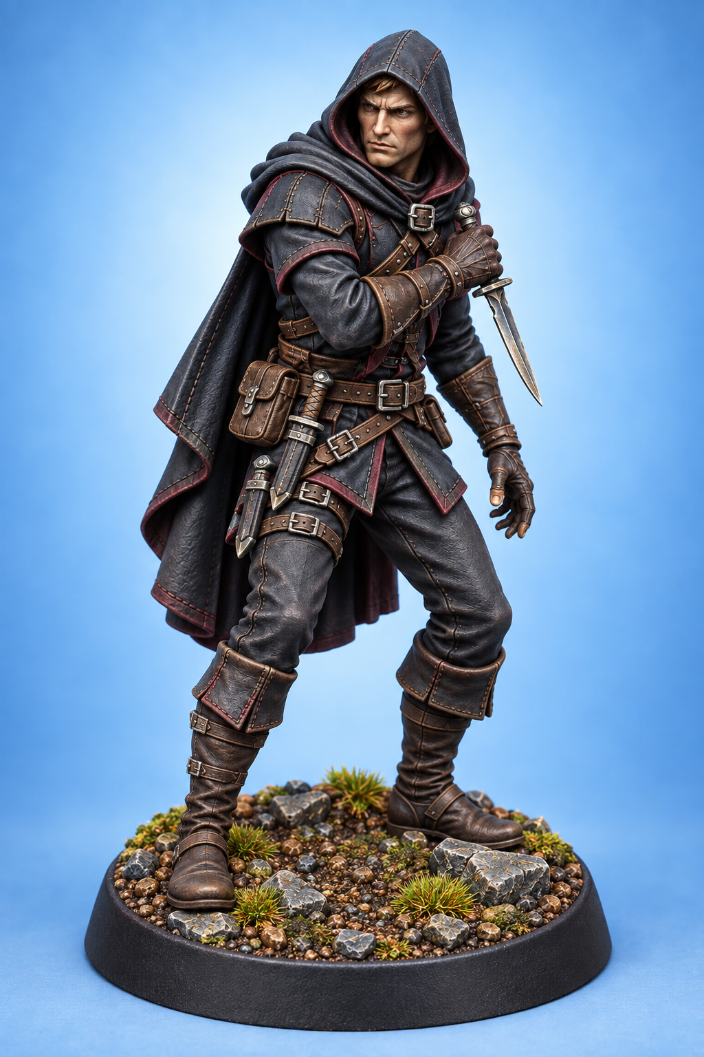 Corvin Blackstep - Male Human Rogue Assassin painted presentation; supplied unpainted.