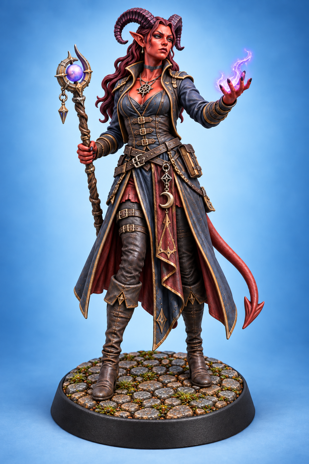 Vespera Ashthorn - Female Tiefling Warlock painted presentation; supplied unpainted.