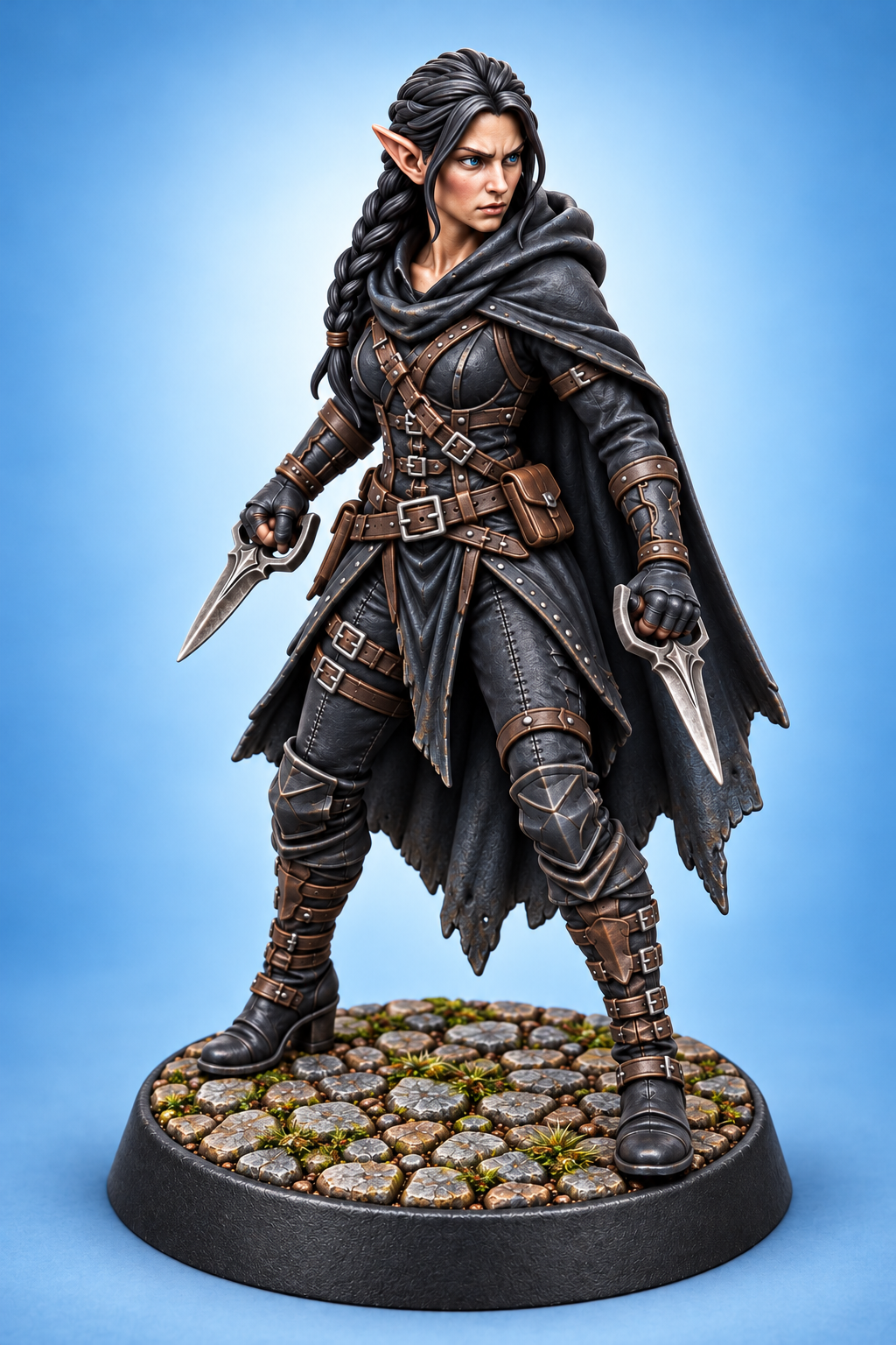 Lyra Voss - Female Half-Elf Assassin painted presentation; supplied unpainted.