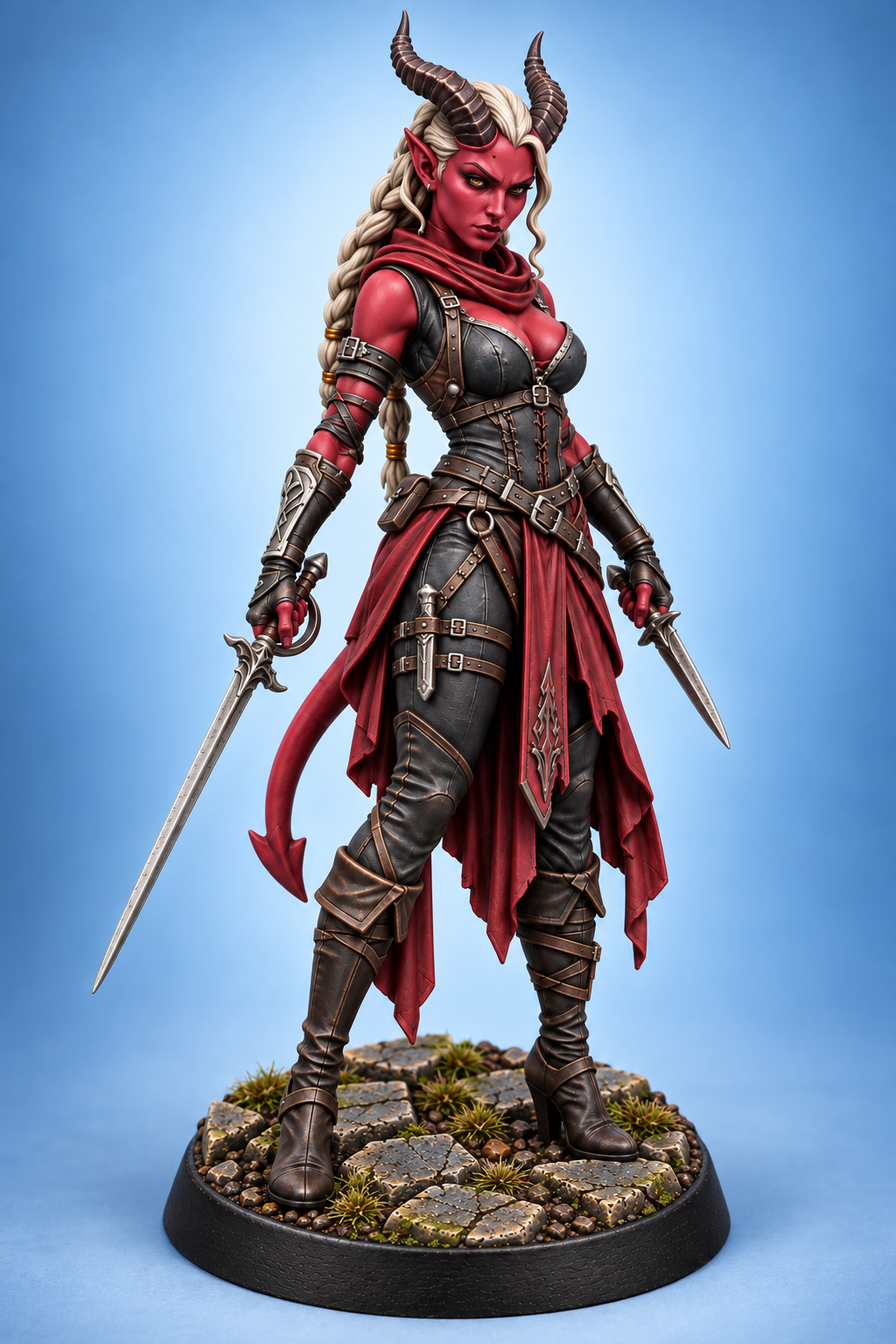 Nyxara Vane - Female Tiefling Assassin painted presentation; supplied unpainted.