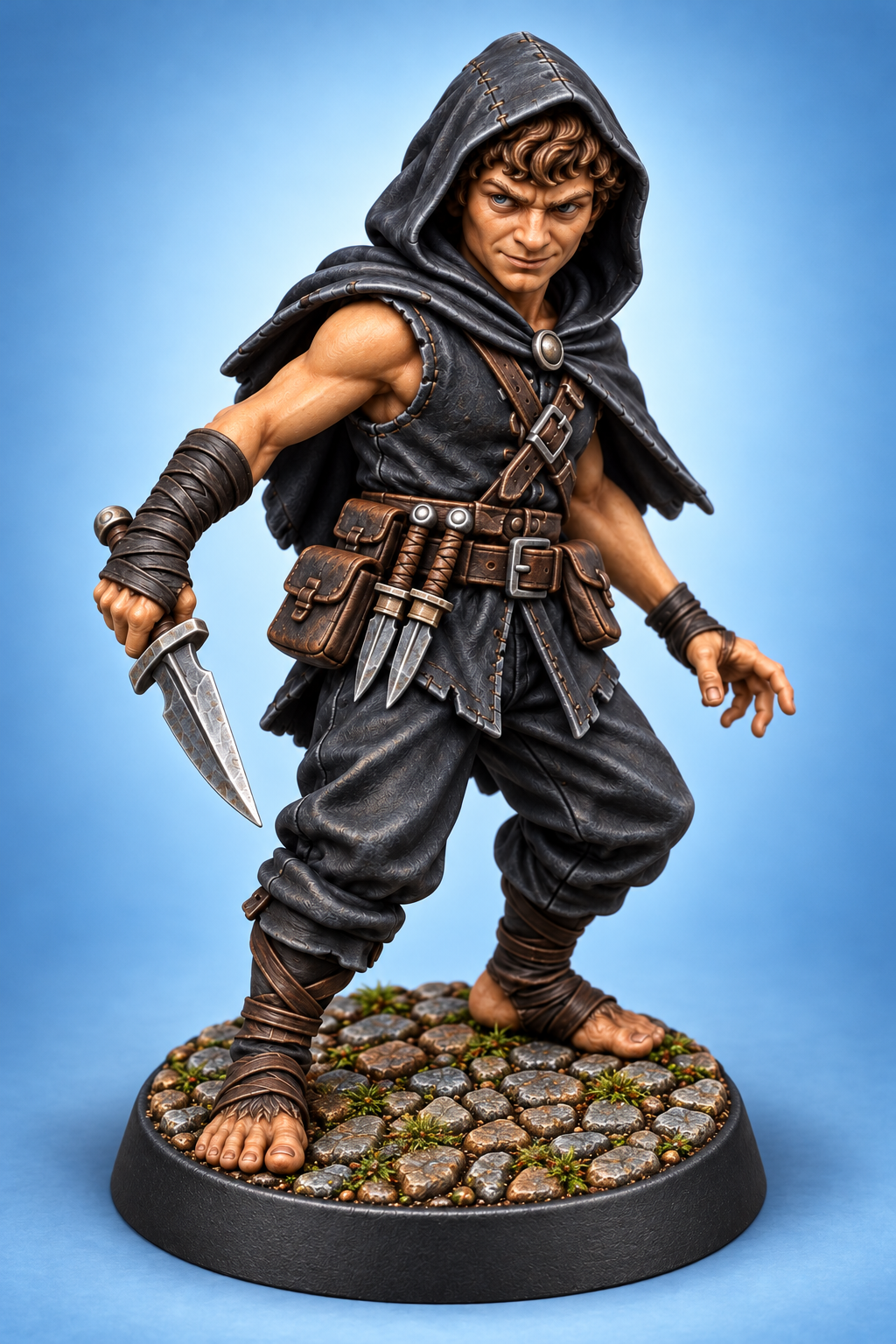 Perren Quickstep - Male Halfling Assassin painted presentation; supplied unpainted.