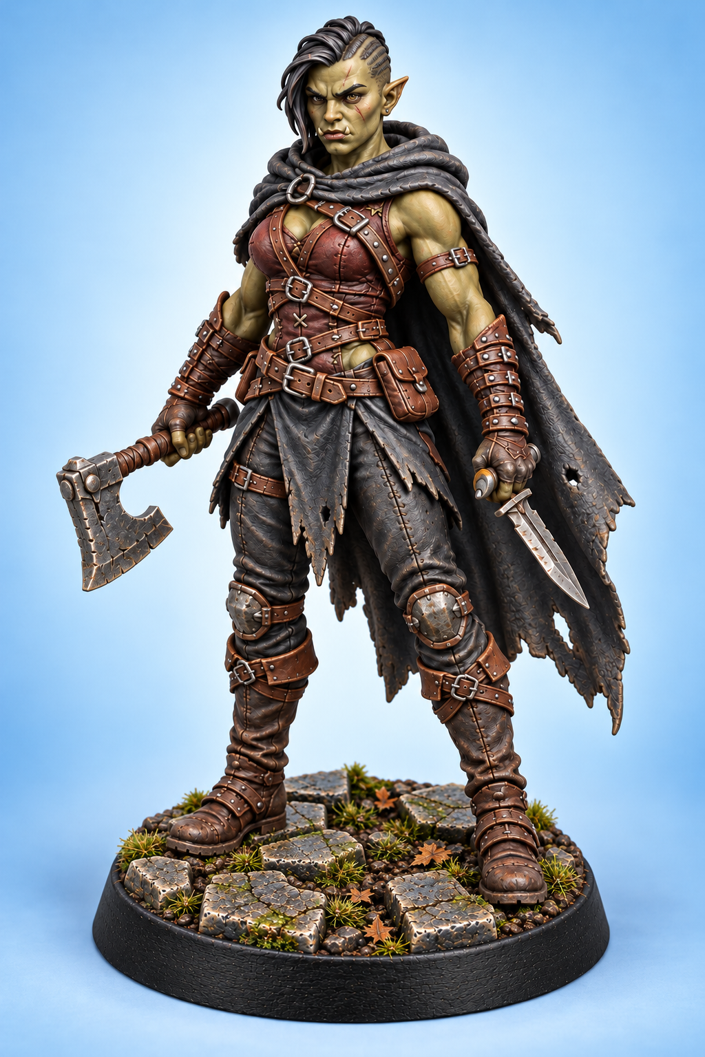 Vara Grimstep - Female Half-Orc Assassin painted presentation; supplied unpainted.